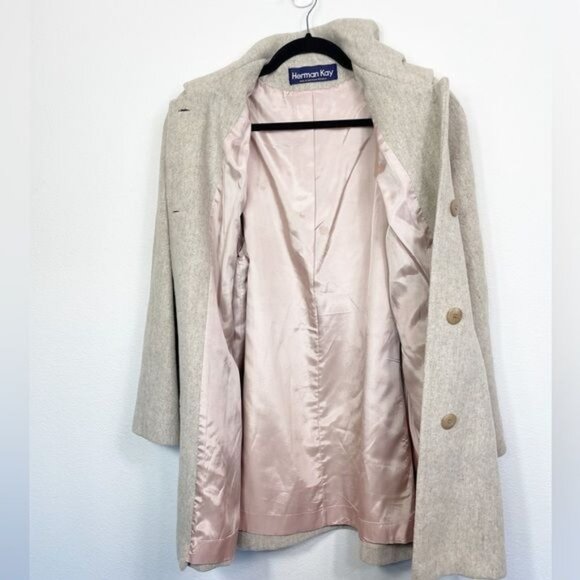 Herman Kay Vintage Wool Coat Oatmeal Tan Button-Up Lined Shoulder Pads Sze Large - Picture 3 of 8